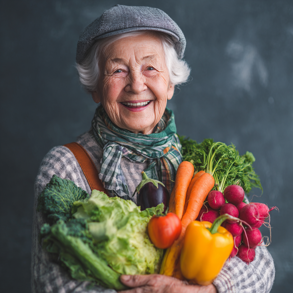 Elderly European man smiling while preparing healthy meal in modern kitchen