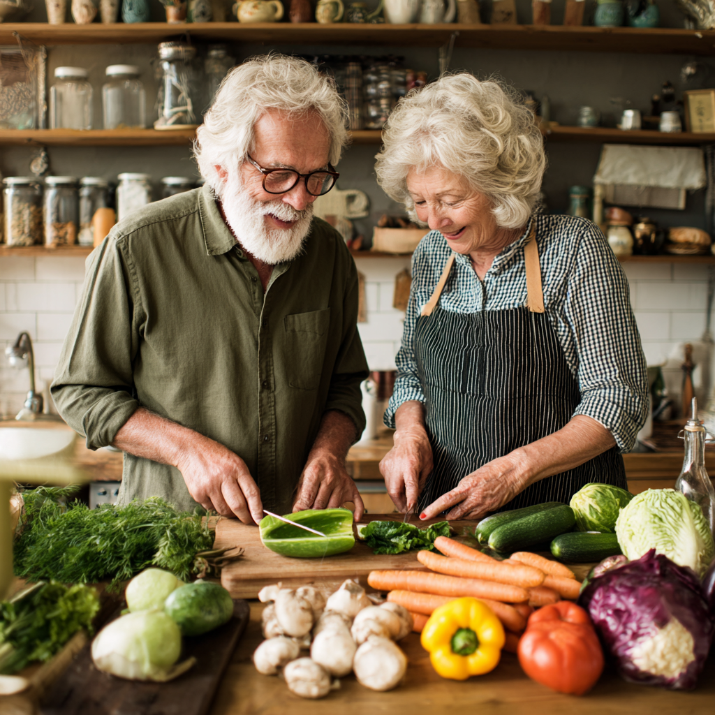 Happy elderly European woman enjoying healthy salad outdoors in garden setting